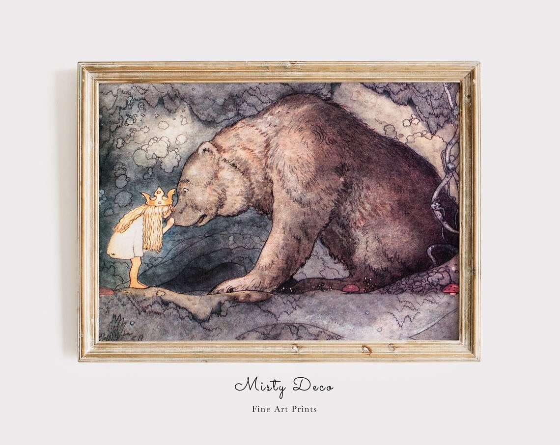 John Bauer Little Princess Bear Kiss Vintage Fairy Tale Art Print