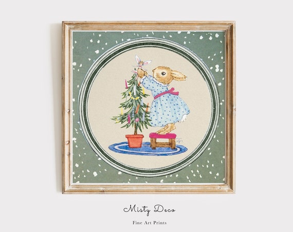 Cute Vintage Christmas Bunny Illustration Rabbit And Xmas Tree Wall Art Beatrix Potter Print