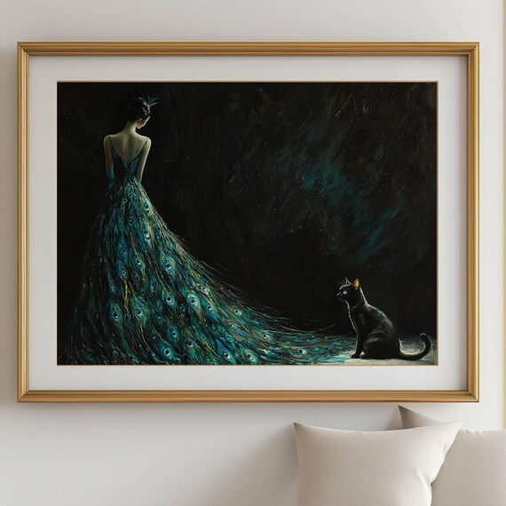 Woman in Peacock Feather Dress with Black Cat Fantasy Art Poster