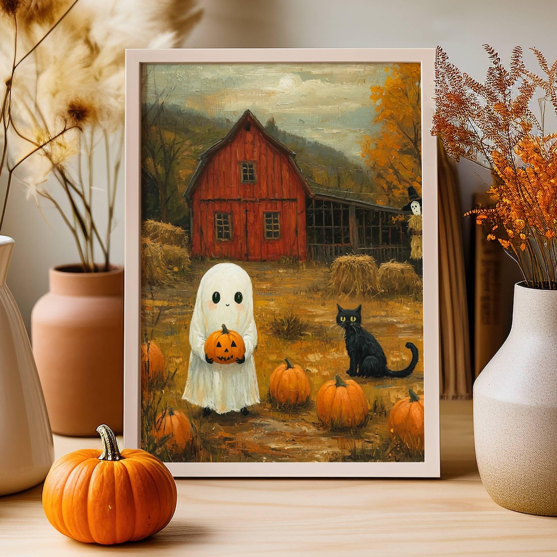 Ghost and Cat in Pumpkin Patch, Whimsigoth Poster