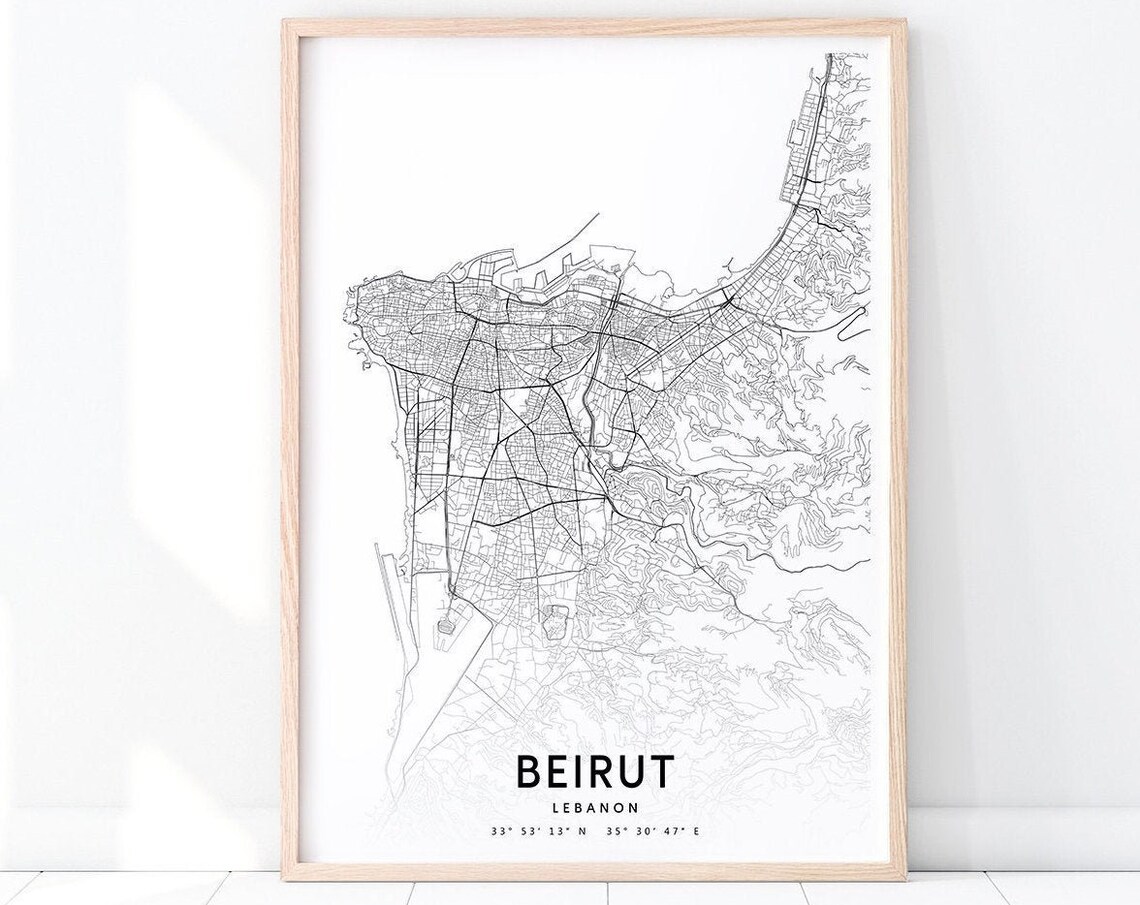 Beirut Map Print, Black White Modern Art Print