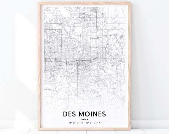 Des Moines Map Print Iowa Usa Art Poster City Street Road Modern Wall Gift Home Office Decor