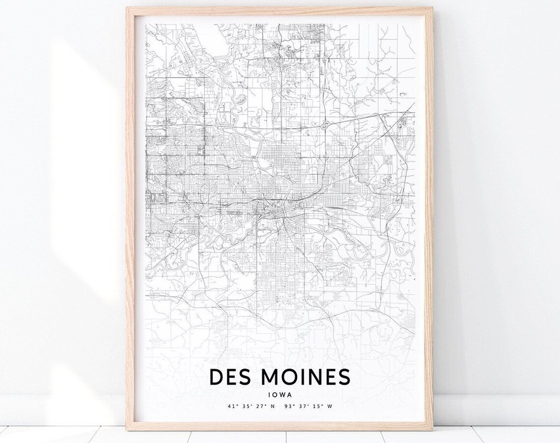 Des Moines Iowa City Street Road Map Minimalist Modern Poster