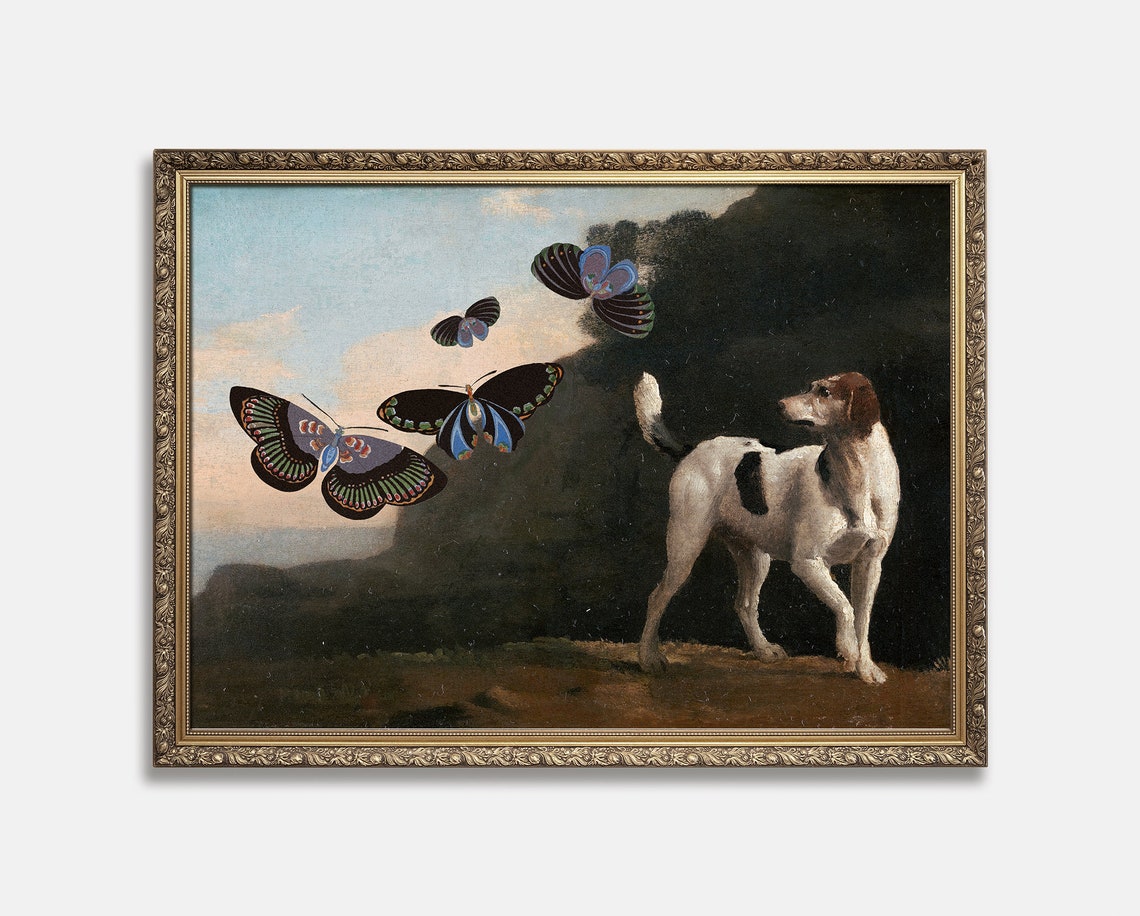 White Dog Giant Butterflies Whimsical Collage Surreal Art Poster - Image 4