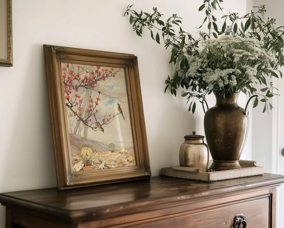 Vintage Birds On Blossoming Branch Red Flowers Antique Art Poster - Image 4