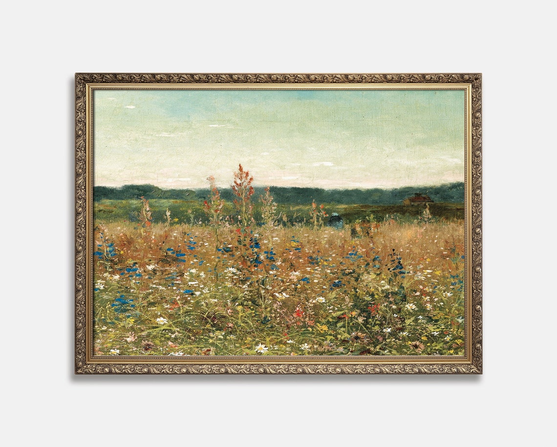 Wildflowers Painting Vintage Landscape Print Vintage Print Country Landscape Painting Farmhouse Decor - Image 3