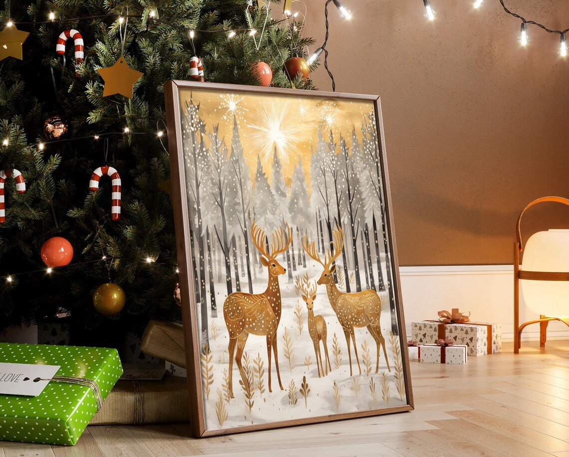 Golden Deer Trio in Starlit Snowy Winter Forest Watercolor Poster - Image 3