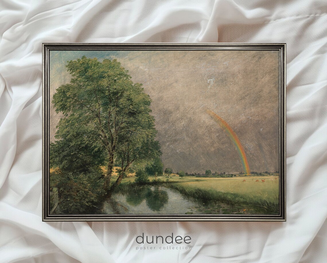 Rainbow Over Country River Vintage Landscape Tree Painting Poster