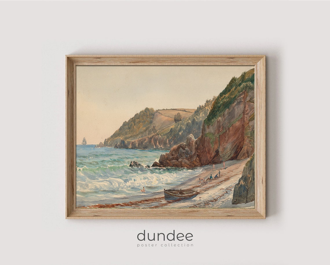 Cliff Coast Beach Waves Sailor Boat Vintage Seaside Painting Poster