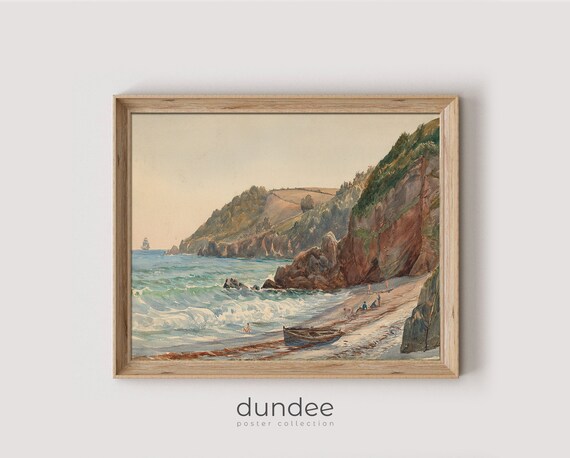 Cliff Coast Beach Waves Sailor Boat Vintage Seaside Painting Poster