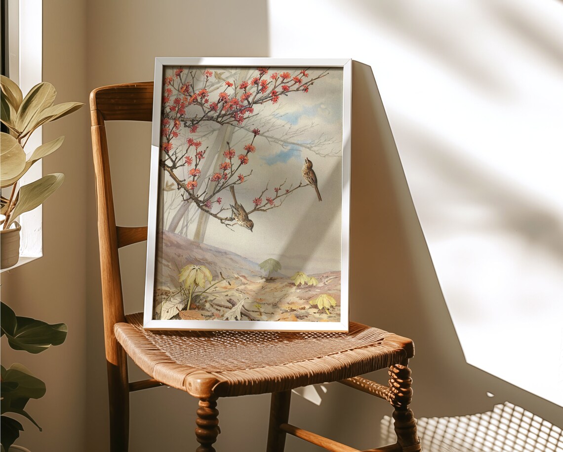 Vintage Birds On Blossoming Branch Red Flowers Antique Art Poster - Image 2