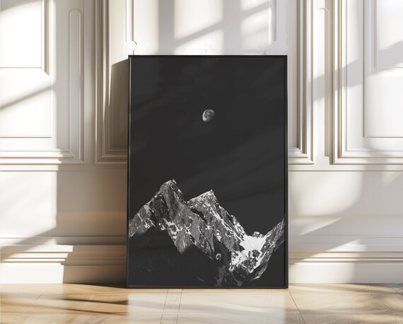 Mountain And Moon Wall Art Prints Neutral Night Moon Poster Moonlight Reflecting On The Mountains Modern Minimalist Wall Art