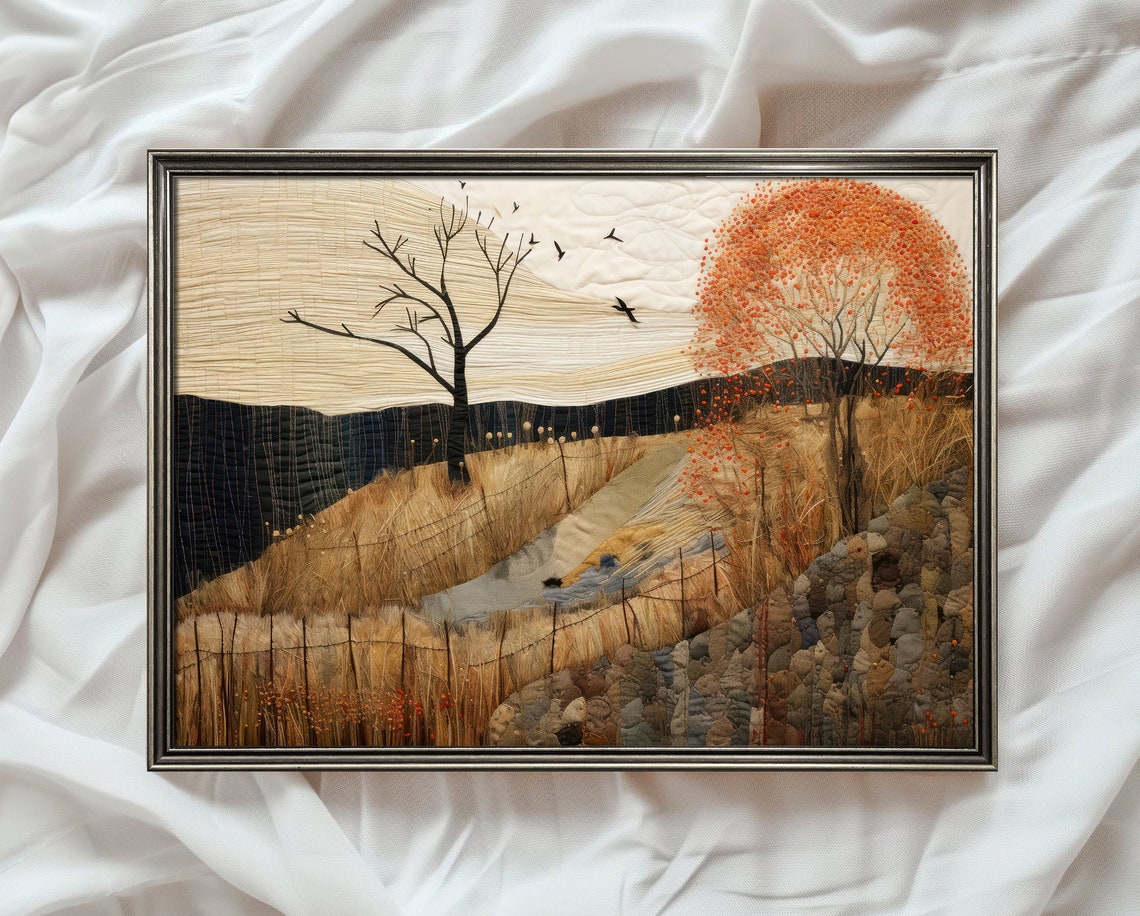Autumn Countryside Stream with Bare Trees Textile Style Poster - Image 4