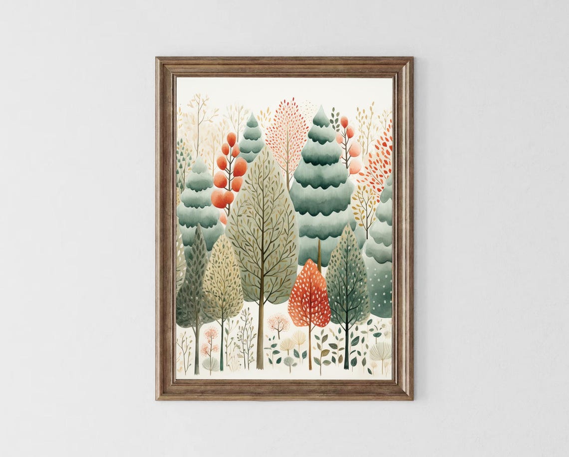 Whimsical Watercolor Forest with Colorful Stylized Trees Poster - Image 3