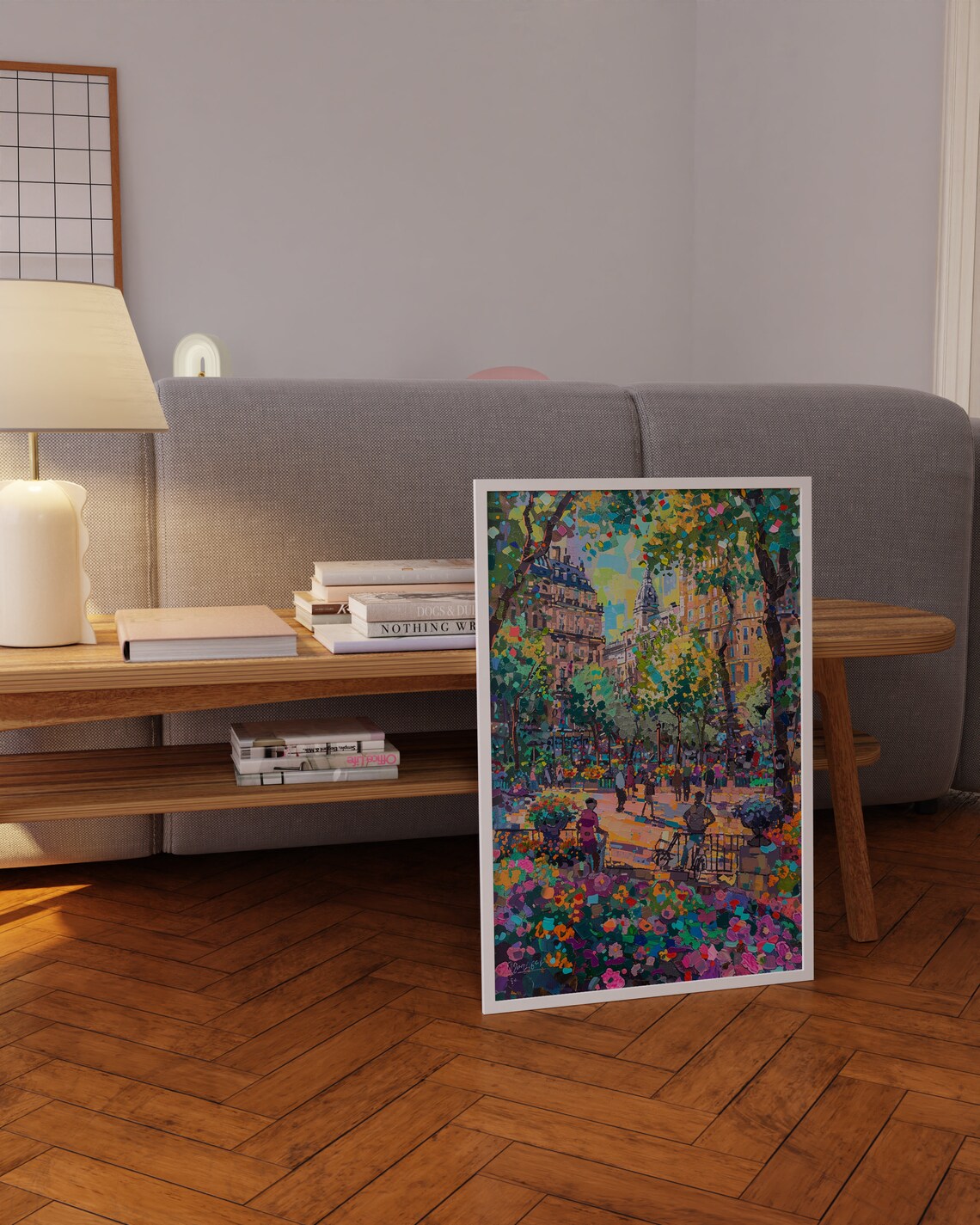 Paris Flower Market Square Mosaic Painting with Cyclists Art Poster - Image 4