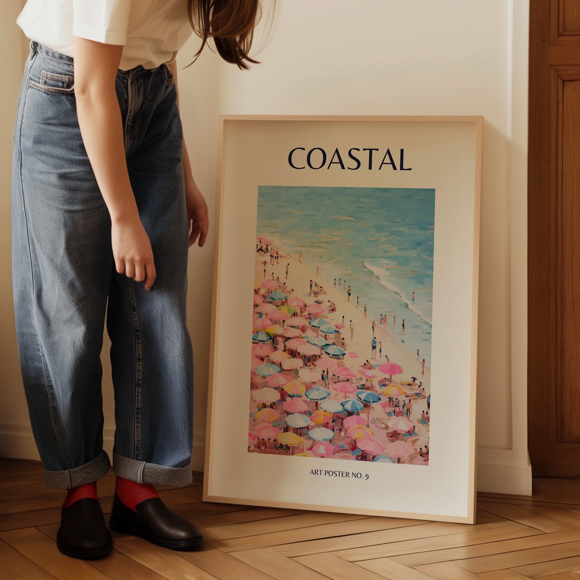 Coastal Dream Pink Blue Beach Umbrellas Aerial Ocean Art Poster - Image 5