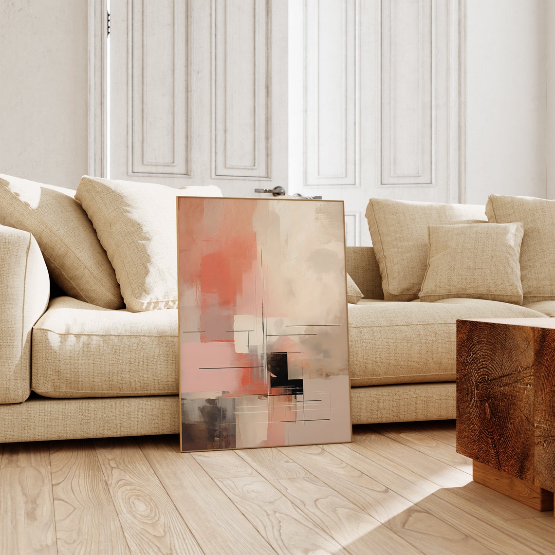 Coral Blush Abstract Painterly Blocks With Thin Black Lines Poster - Image 4