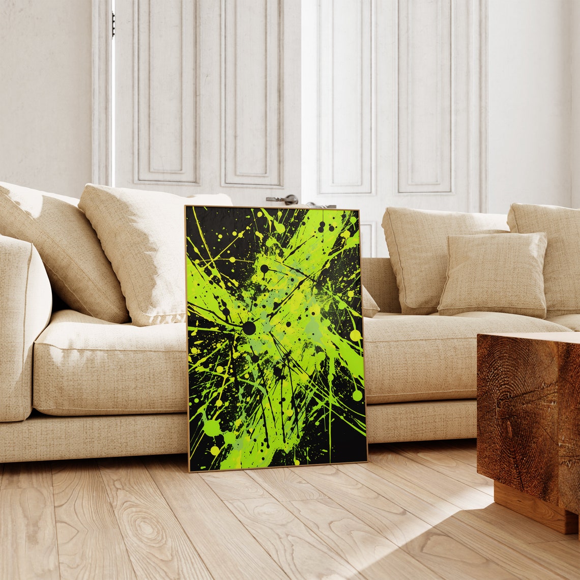 Jackson Pollock Style Electric Green Splatter Black Art Poster - Image 5