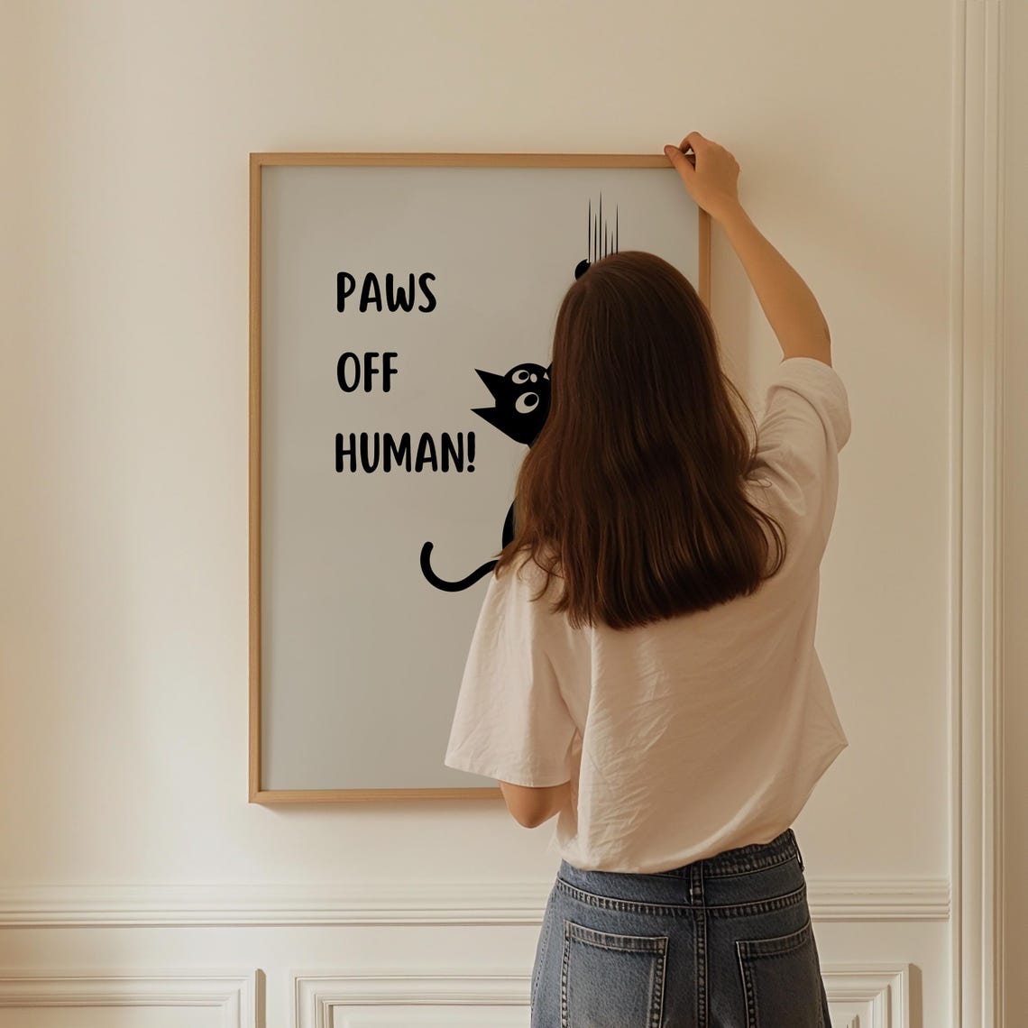 Paws Off Human Tall Stretching Black Cat Silhouette Art Poster - Image 3
