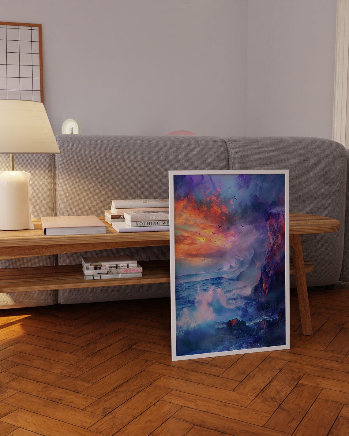 Crashing Ocean Waves Cliffs Sunset Blue Orange Coastal Poster - Image 3