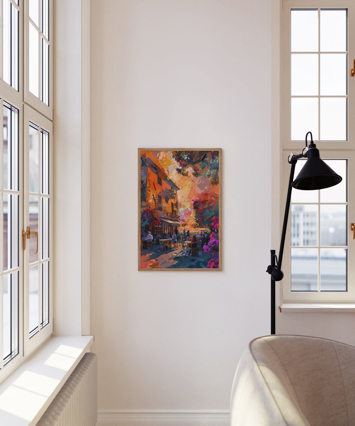 Sunlit European Cafe Street Corner with Flowers Painting Art Poster - Image 3