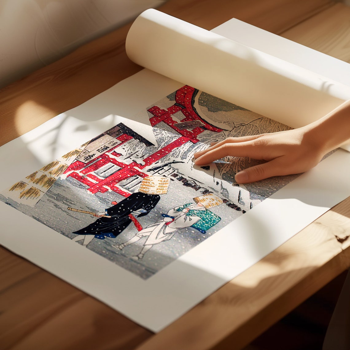 Hiroaki Takahashi Okabe in Snow Red Torii Gate Woodblock Art Poster - Image 3