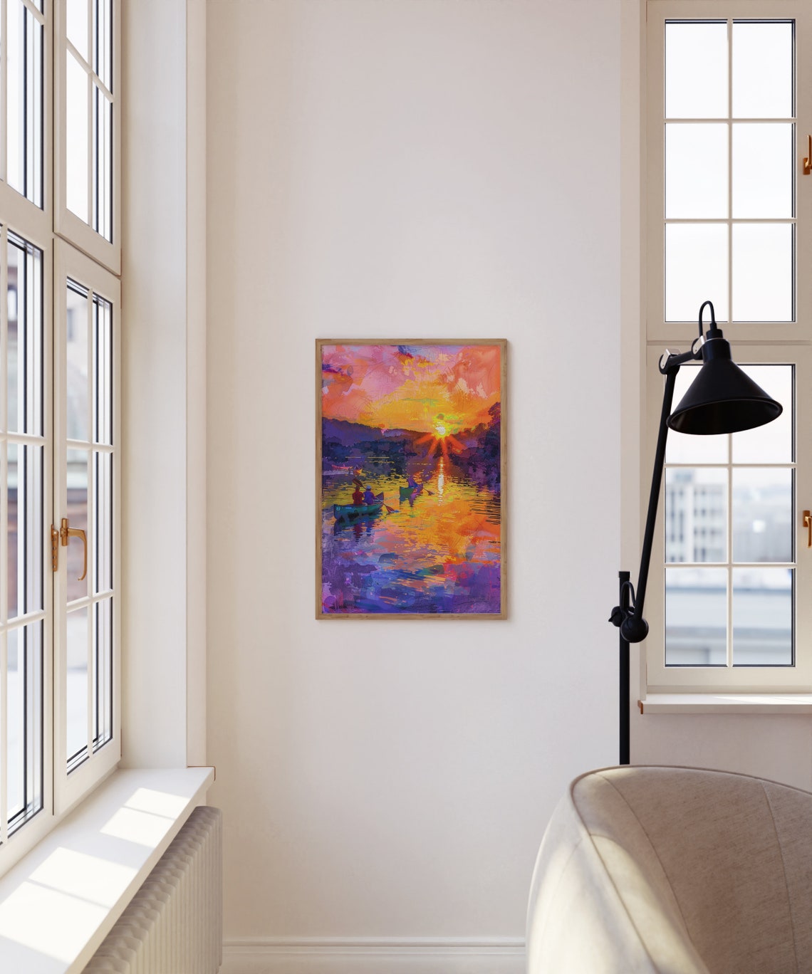 Kayakers on Sunset Lake with Pink and Purple Reflections Art Poster