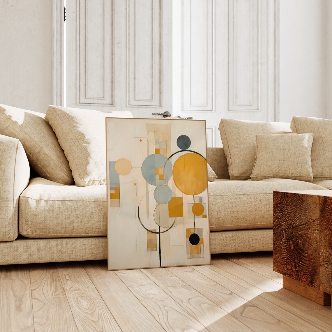 Mid Century Geometric Circles Mustard Ochre Teal Abstract Art Poster - Image 4