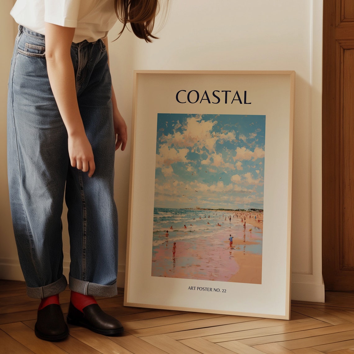 Coastal Blue Sky Pink Clouds Sandy Shore Scene Art Poster No. 22 - Image 3