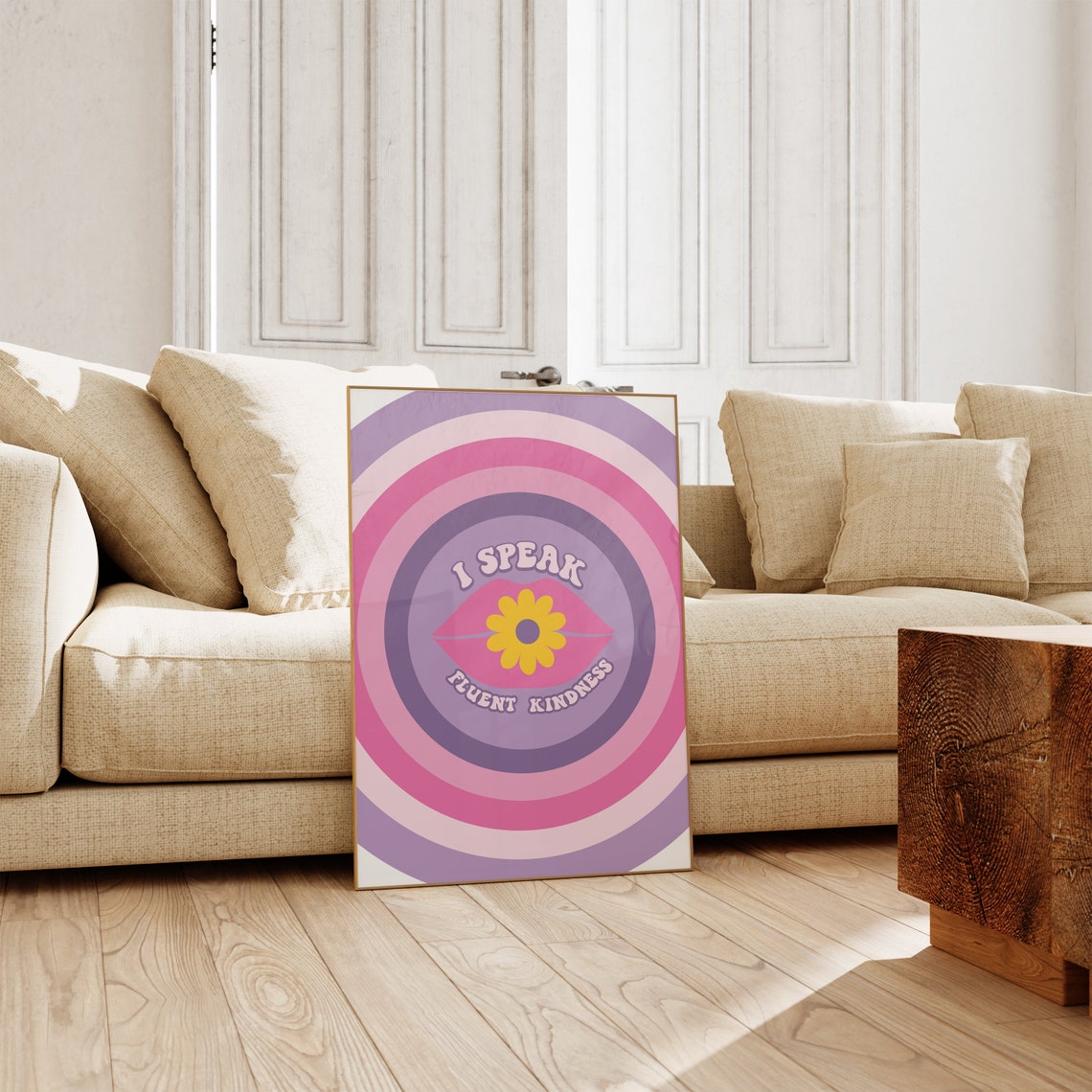I Speak Fluent Kindness Lips Flower Groovy Retro Artwork Poster - Image 2