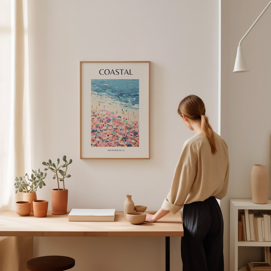 Coastal Dense Pink Blue Umbrellas Crowd Scene Art Poster No. 13 - Image 2