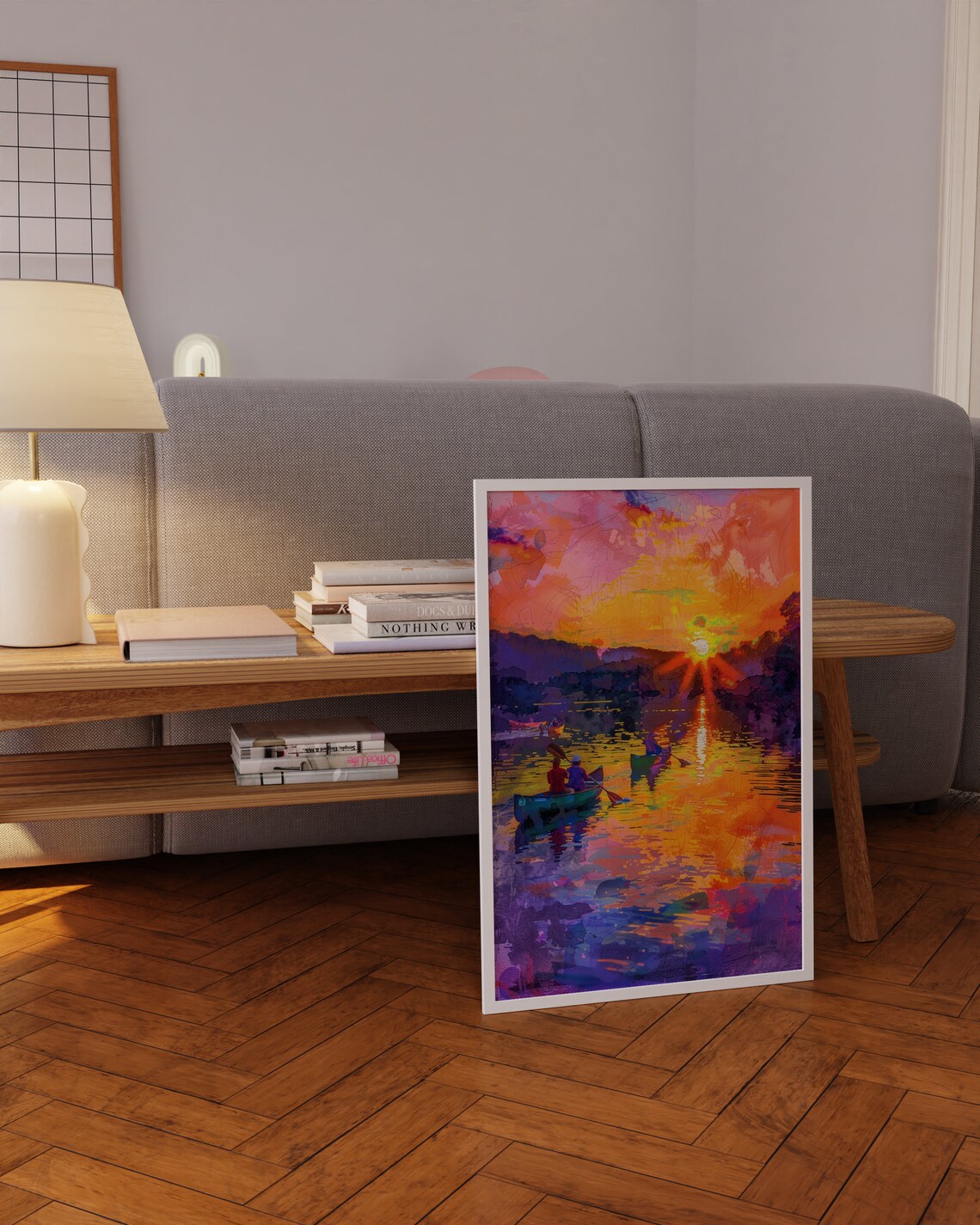 Kayakers on Sunset Lake with Pink and Purple Reflections Art Poster - Image 3