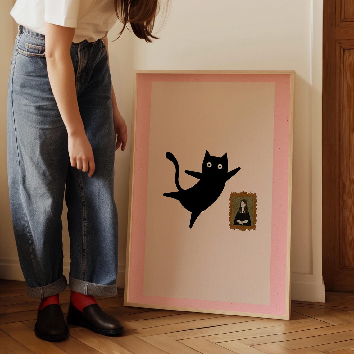 Black Cat Jumping Toward Mona Lisa Funny Pink Minimalist Poster - Image 5