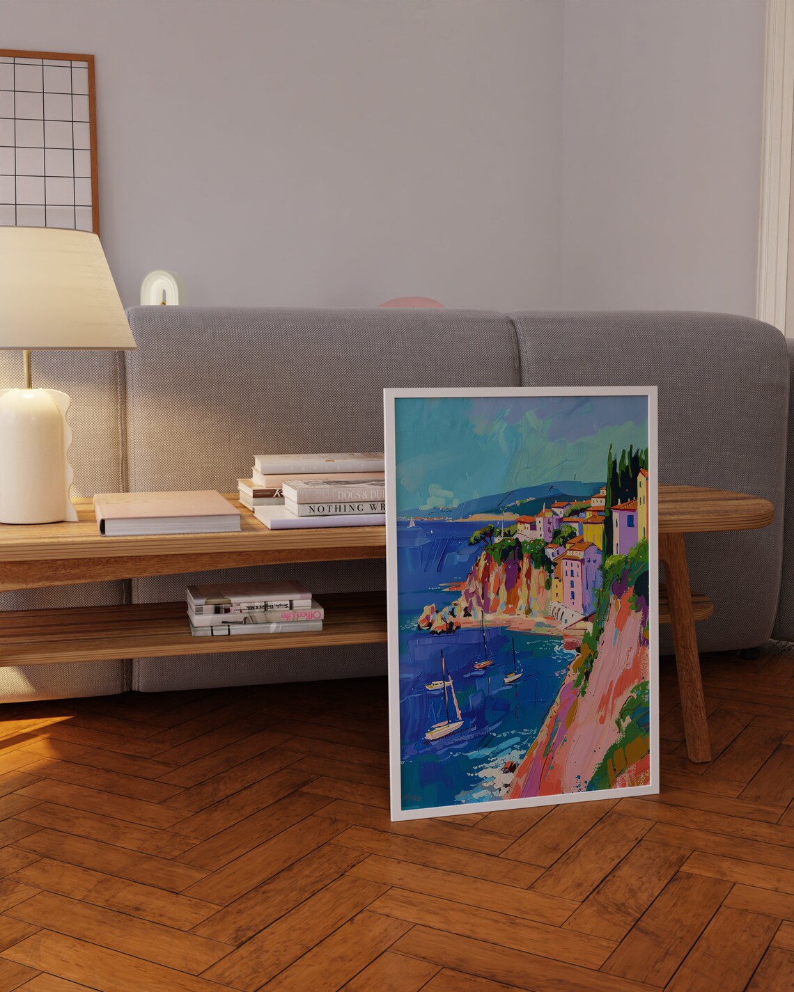 Mediterranean Coastal Cliff Village Sailboats Oil Painting Poster - Image 5