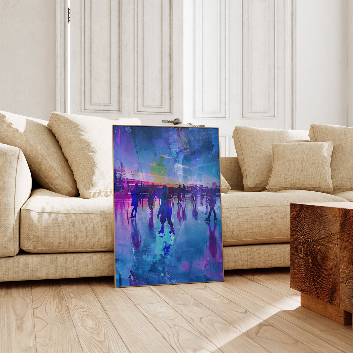 Night Ice Skating Under Starry Sky Neon Blue and Purple Art Poster - Image 3