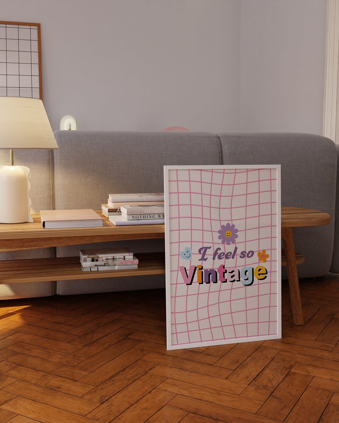 I Feel So Vintage Retro Groovy Pink Grid Floral Artwork Poster - Image 3