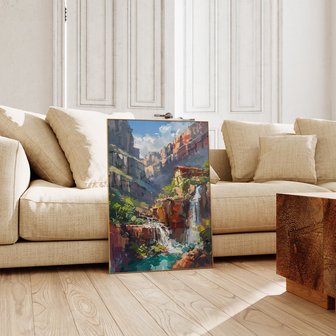 Red Rock Canyon Waterfalls and Cliffside House Painterly Art Poster - Image 2