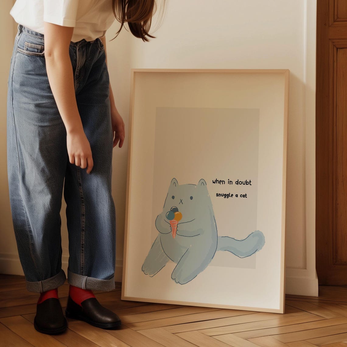 Blue Cat Holding Ice Cream When in Doubt Snuggle a Cat Poster - Image 5