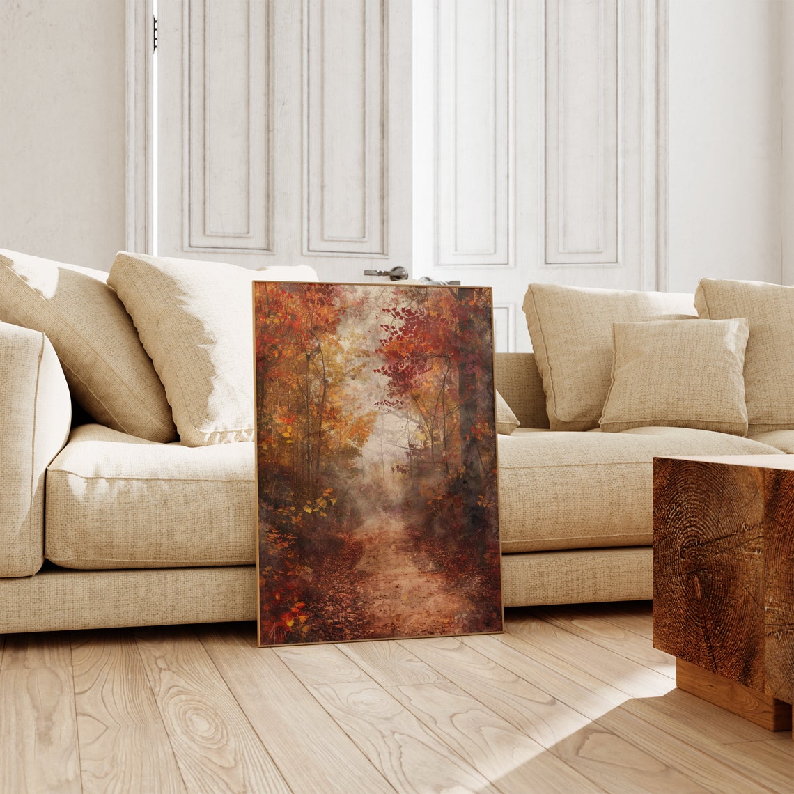 Misty Autumn Forest Path Golden Falling Leaves Painting Poster - Image 2
