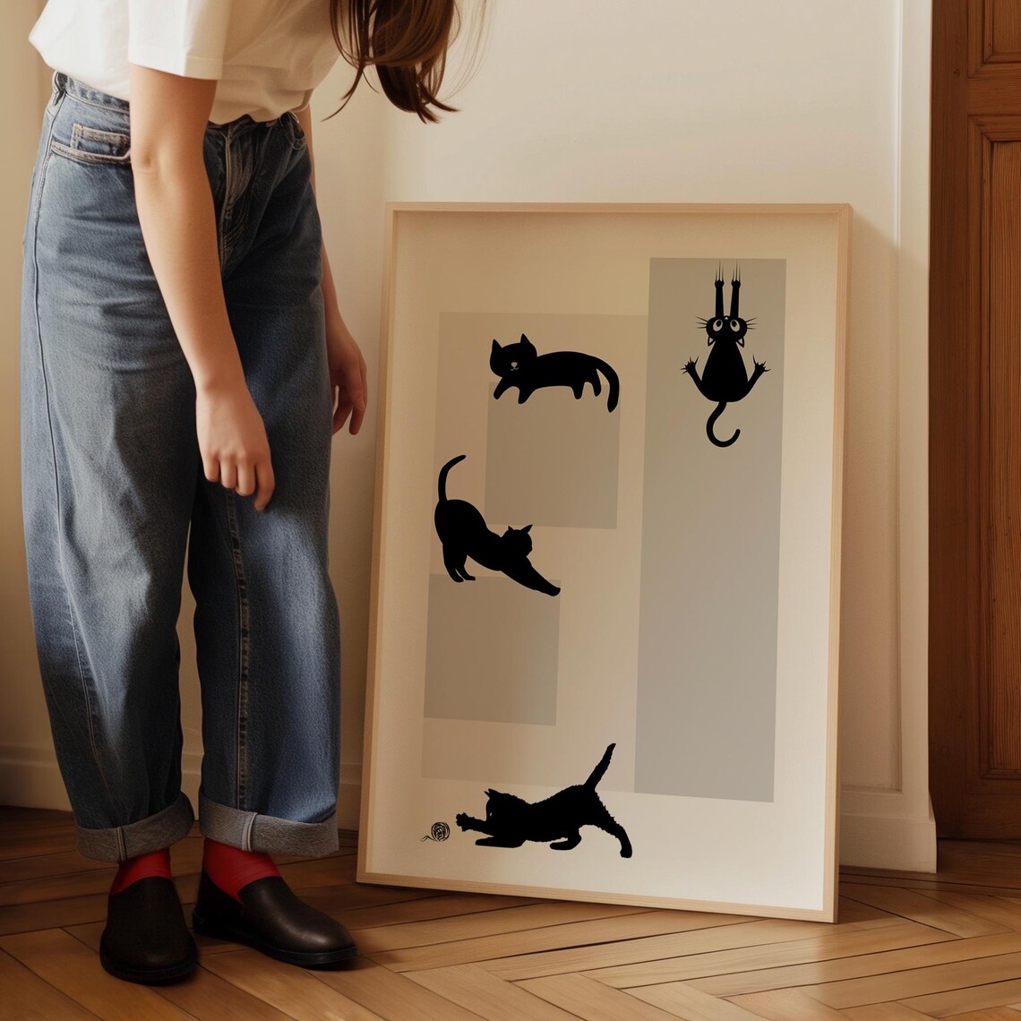 Playful Black Cat Silhouettes Minimalist Grey Blocks Art Poster - Image 5