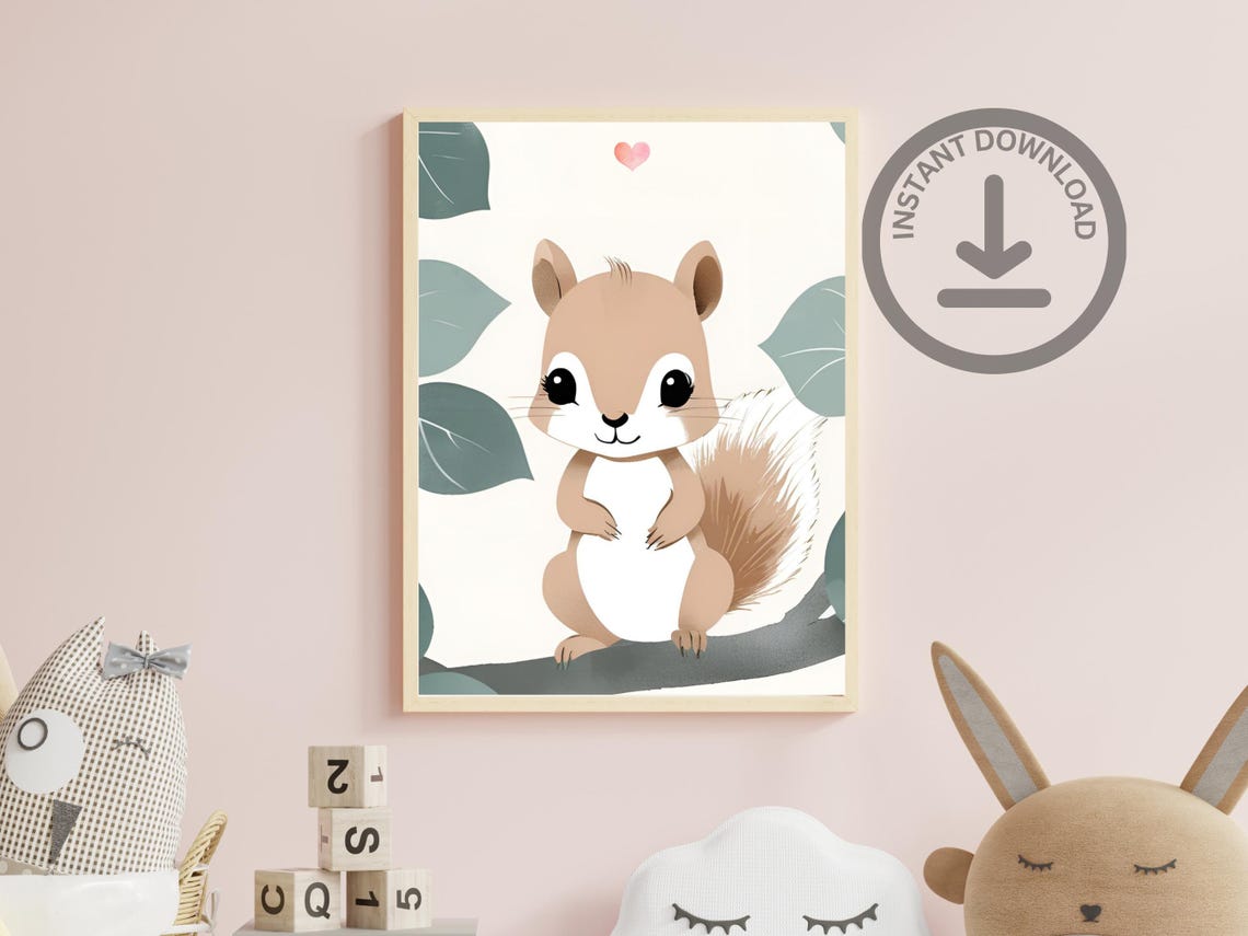 Baby Squirrel Watercolor Portrait Cute Woodland Nursery Art Poster