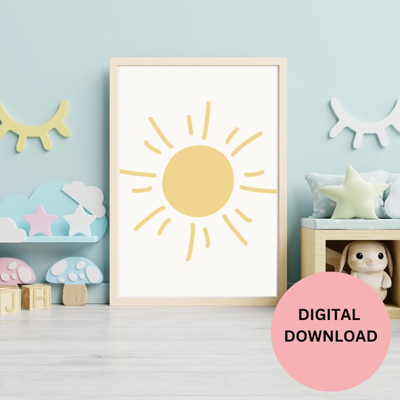 Happy Sun Wall Art For Kids Room Nursery Sunshine Decor Cute Simple Sun Gift For Baby Room Bright Sun Print For Positive Kids Space Gift