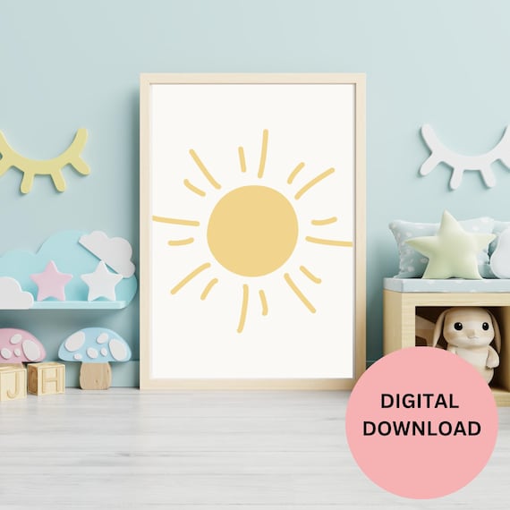 Minimalist Yellow Sun Line Drawing Simple Kids Room Art Print