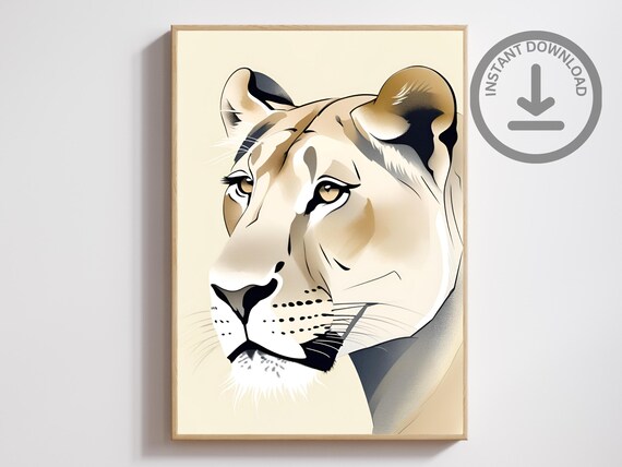 Lioness Portrait Elegant Wildlife Face Beige Minimalist Art Poster