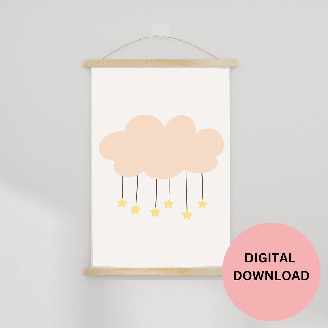 Blush Pink Cloud With Hanging Stars Minimalist Nursery Art Print - Image 2
