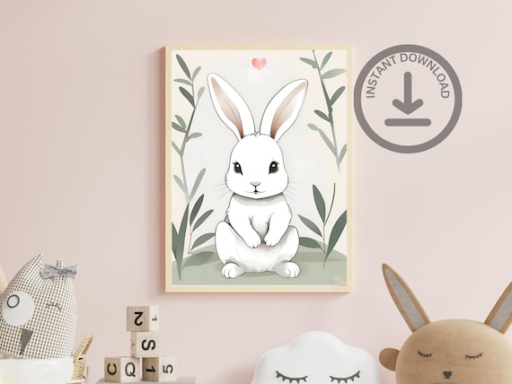 White Bunny Watercolor Portrait Cute Rabbit Nursery Animal Poster