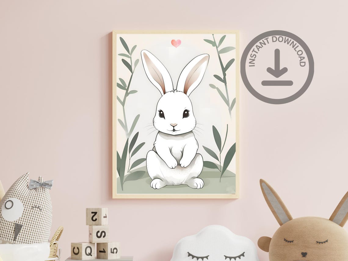 White Bunny Watercolor Portrait Cute Rabbit Nursery Animal Poster