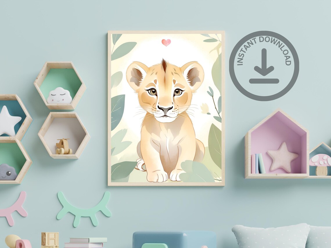 Baby Lion Cub Watercolor Portrait Cute Safari Nursery Art Poster - Image 3