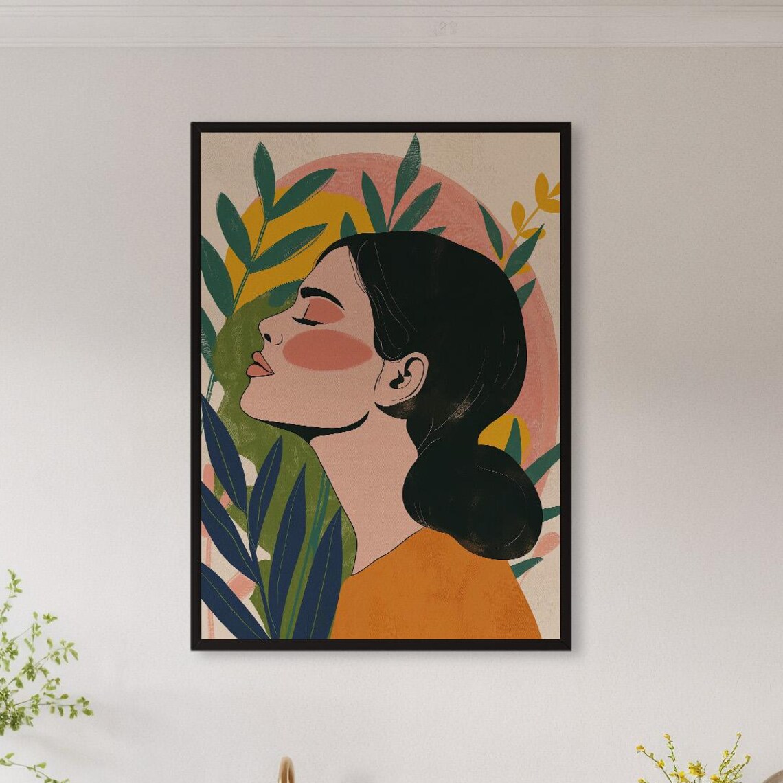 Modern Botanical Woman Portrait With Tropical Green Leaves Poster