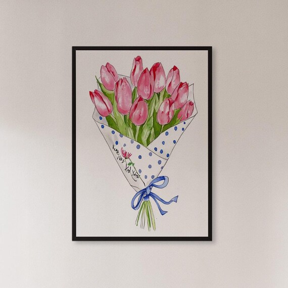 Framed Pink Tulip Wall Art Print Watercolor Floral Bouquet Illustration Feminine Flower Decor Gift For Her Bedroom Entryway Or Kitchen